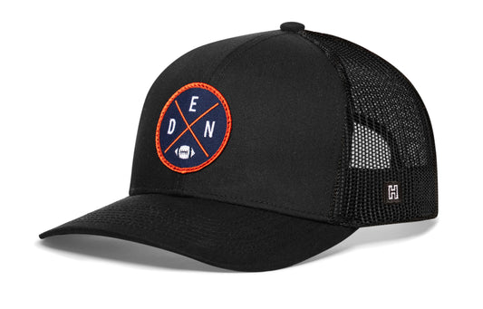 Haka Denver trucker hat, black snapback, viewed from the left side. Represent Denver football.