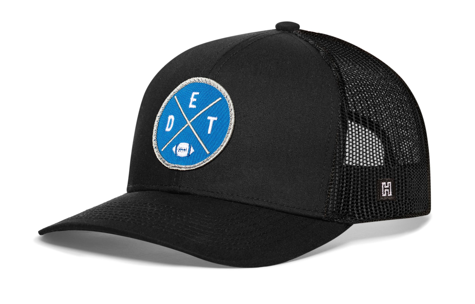 Haka Detroit trucker hat, black snapback, viewed from the left side. Represent Detroit football.