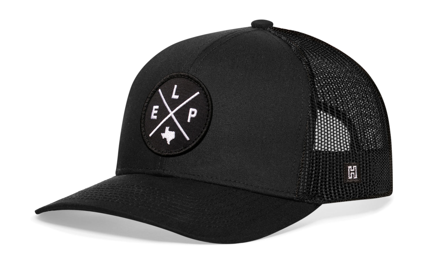 El Paso Trucker Hat, black snapback showing Haka brandmark on left side mesh.
Rep El Paso, TX.