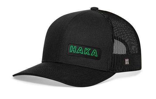 Haka Branded Trucker Hat  | Black Snapback Rubber Patch