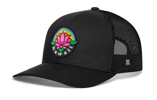 Haka Hawaii Aloha Trucker Hat, Black snapback, fans of surfing. The Aloha State