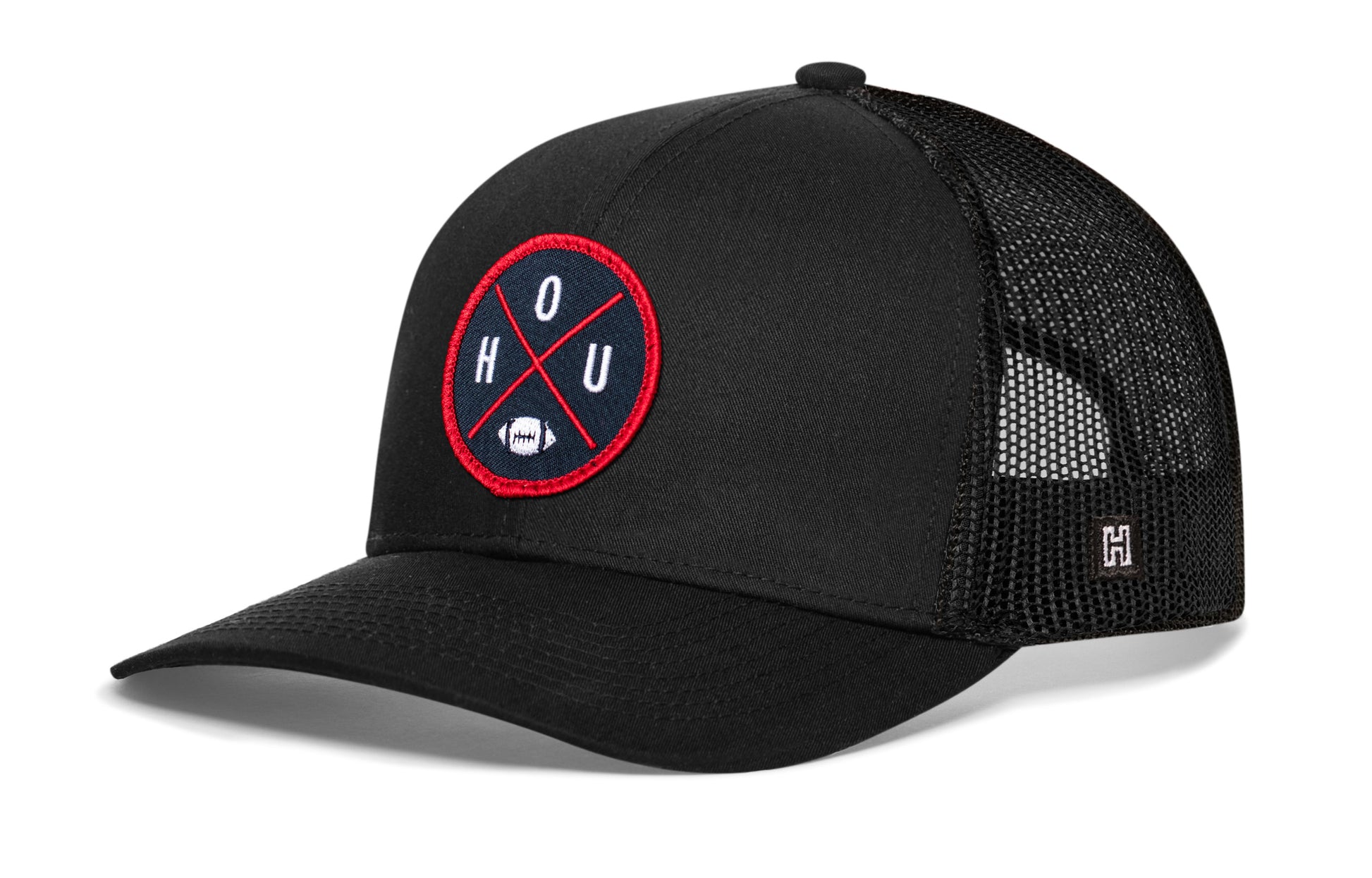 Haka Houston trucker hat, black snapback, viewed from the left side. Represent Houston football.
