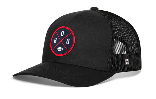 Haka Houston trucker hat, black snapback, viewed from the left side. Represent Houston football.