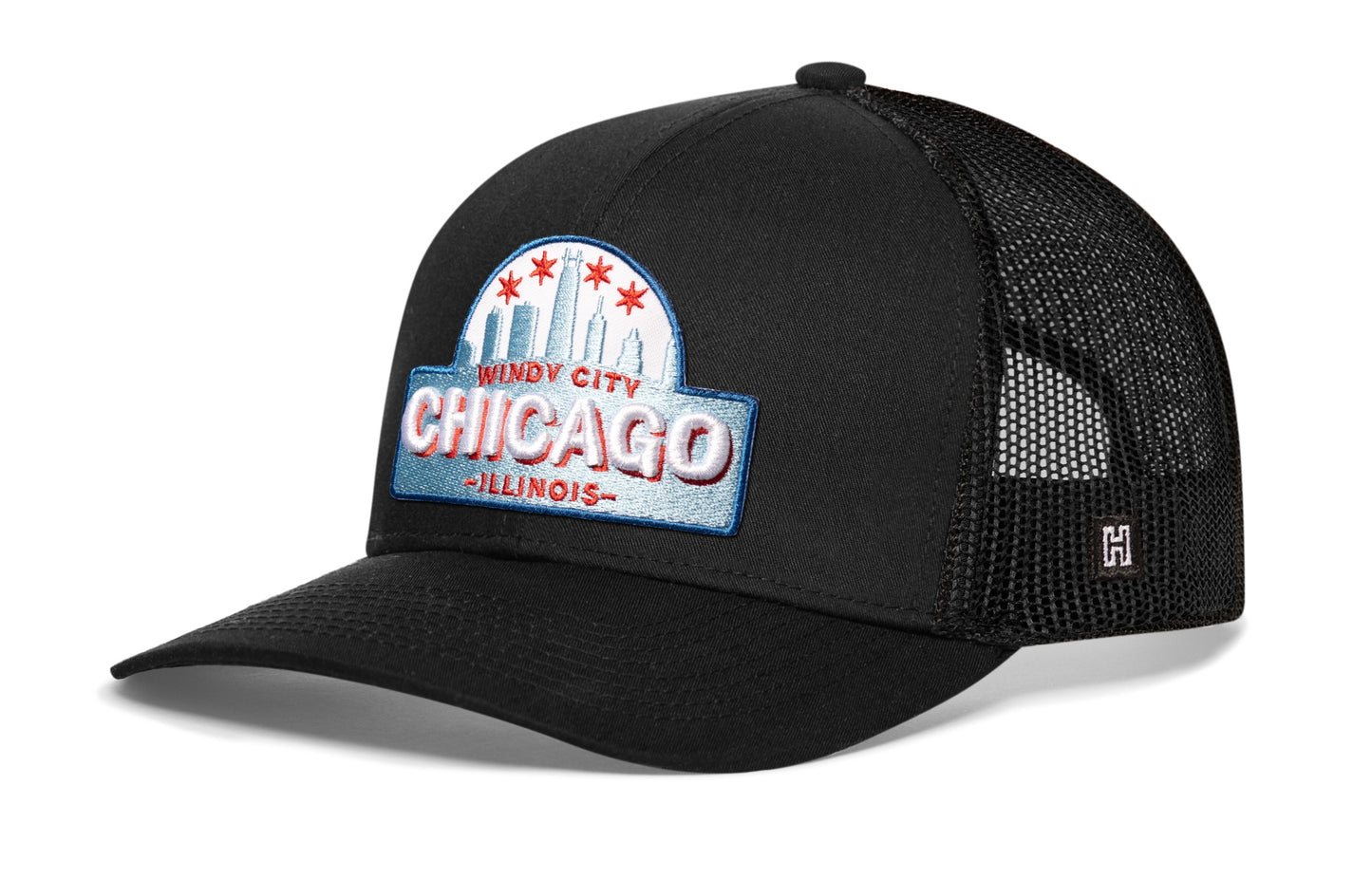 Chicago Windy City Trucker Hat  |  Black Cityscape Snapback