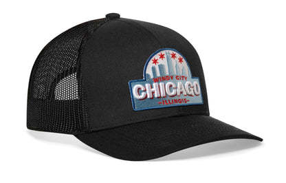 Chicago Windy City Trucker Hat  |  Black Cityscape Snapback