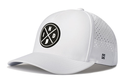White cap with black pvc IND Indiana patch on a white background