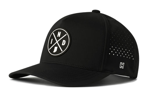 Indiana 5-Panel Premium Perforated Hat, black snapback showing Haka brandmark on left side mesh.
Rep Indiana.