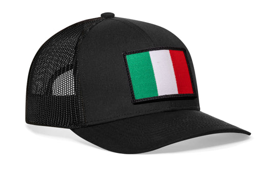 Black trucker hat viewed from the right side, showcasing a Italian Flag Embroidered Rectangle Patch prominently displayed on the front