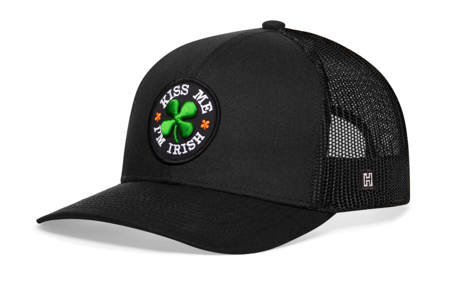 Kiss Me I'm Irish Trucker Hat  | Black Shamrock Snapback