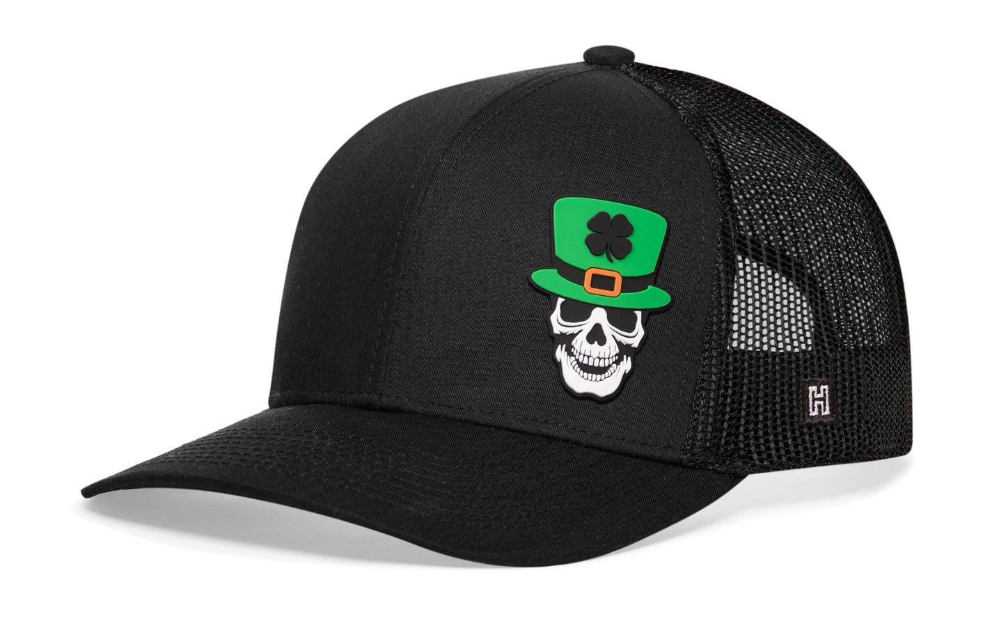 Leprechaun Skull Trucker Hat  | Black Snapback Rubber Patch