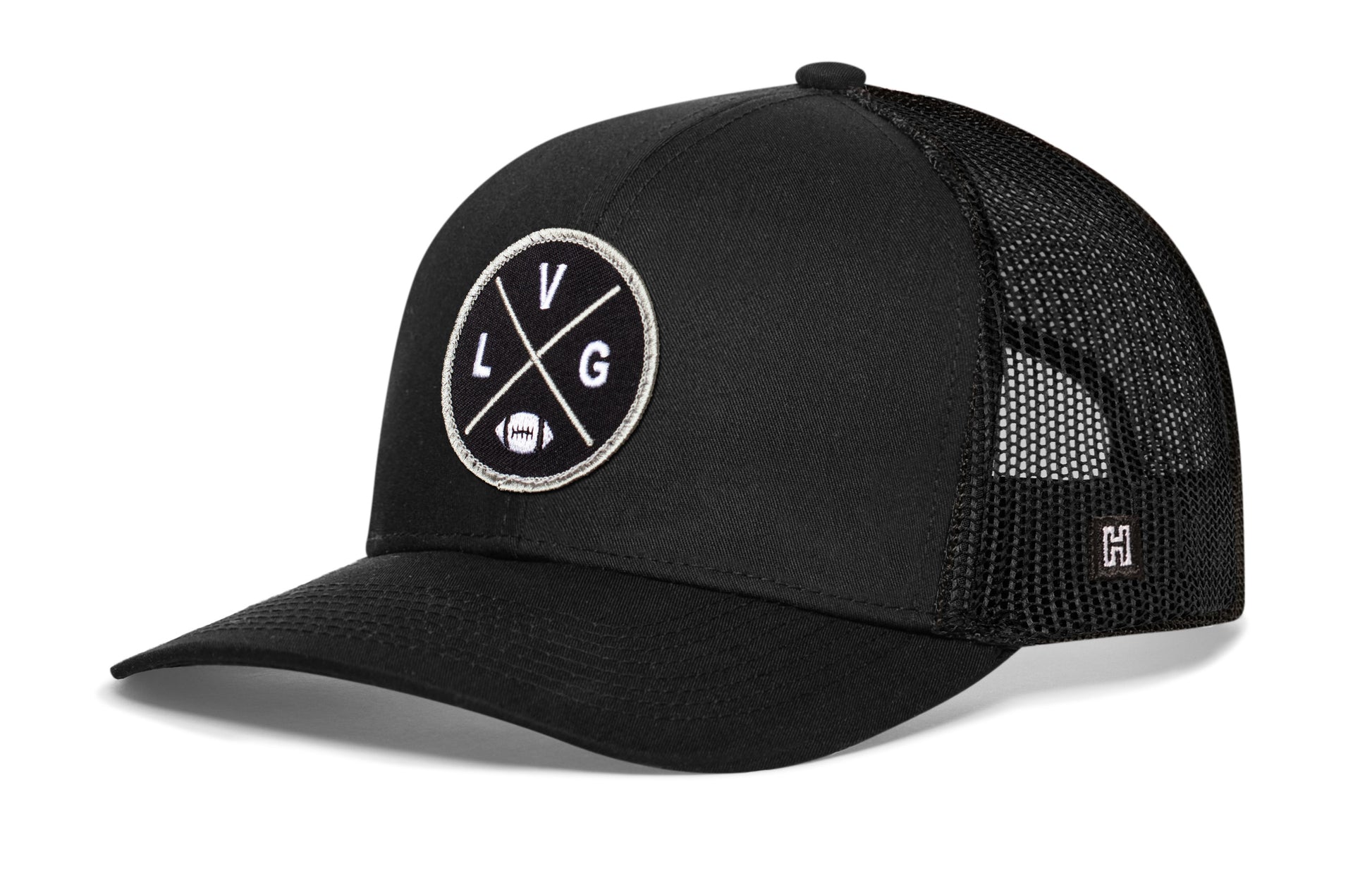 Haka Las Vegas trucker hat, black snapback, viewed from the left side. Represent Las Vegas football.
