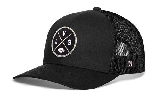 Haka Las Vegas trucker hat, black snapback, viewed from the left side. Represent Las Vegas football.