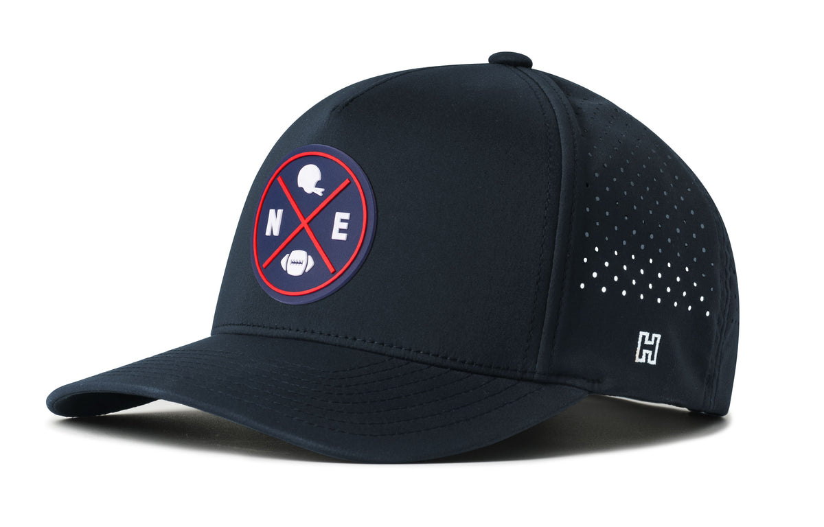 New England Football Performance 5-Panel Hat, navy snapback showing Haka brandmark on left side of cap.
