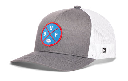 Buffalo Football Trucker Hat, gray-white snapback showing Haka brandmark on left side of cap.