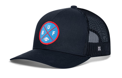 Buffalo Football Trucker Hat, navy snapback showing Haka brandmark on left side of cap.