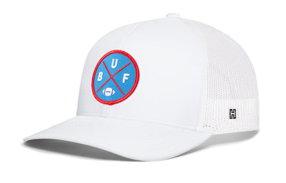 Buffalo Football Trucker Hat, white snapback showing Haka brandmark on left side of cap.