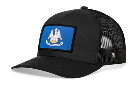 Haka Louisiana Flag Trucker Hat, Black snapback, fans of New Orleans. The Bayou State