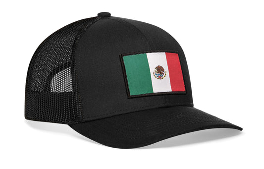 Black trucker hat viewed from the right side, showcasing a Mexican Flag Woven Rectangle Patch prominently displayed on the front