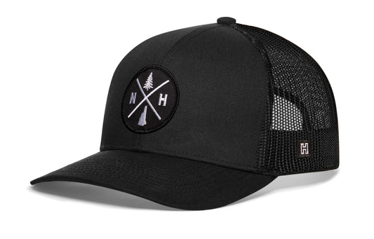 Haka New Hampshire Trucker Hat, Black snapback, fans of Mount Washington. White Mountain State