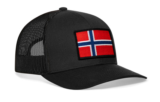 Black trucker hat viewed from the right side, showcasing a Norwegian Flag Embroidered Rectangle Patch prominently displayed on the front
