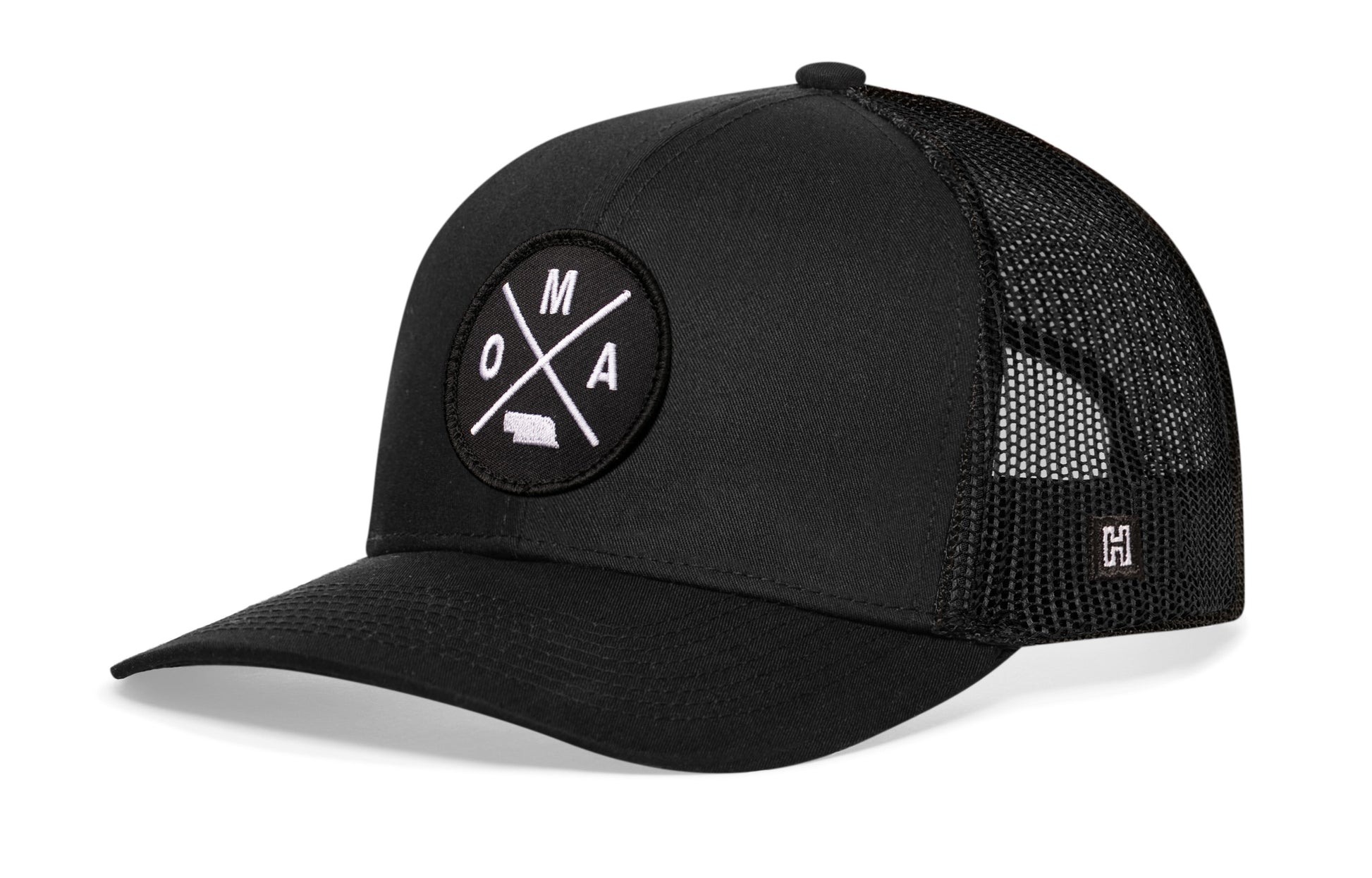 Haka Omaha Trucker Hat, Black snapback, fans of Nebraska. Gateway to the West