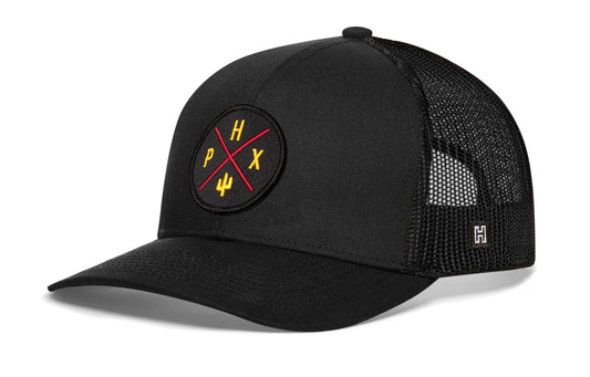 Phoenix Trucker Hat, black snapback showing Haka brandmark on left side mesh.
Rep Phoenix, AZ.