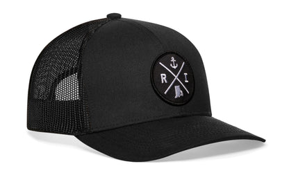 Black trucker hat viewed from the right side, showcasing a Rhode Island RI Embroidered X patch prominently displayed on the front