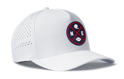 white performance 5-panel hat viewed from the right side, showcasing a bold navy and red pvc patch prominently displayed on the front