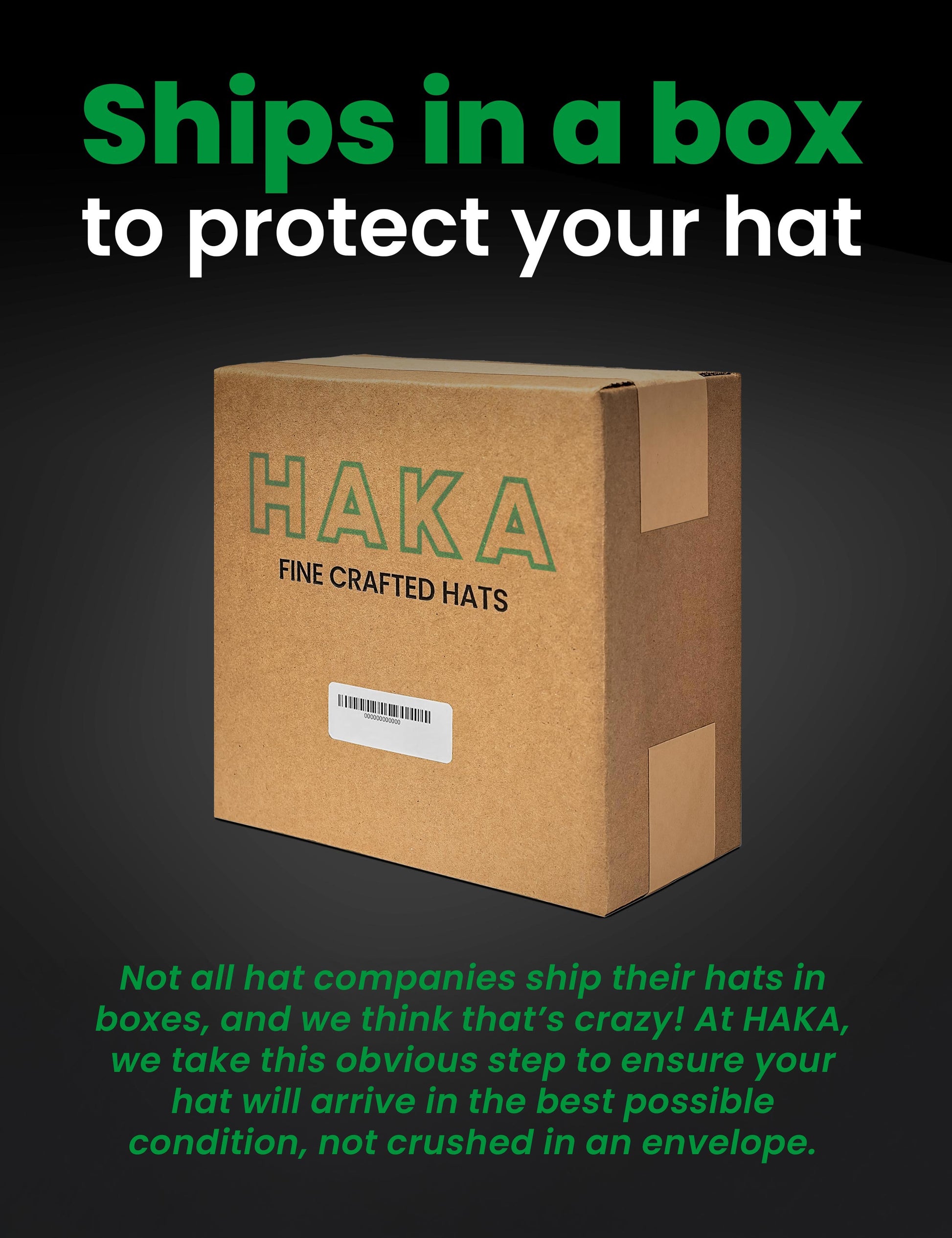 Shipping box showcasing its sturdy design, with text emphasizing that all orders are shipped in a box for ultimate protection