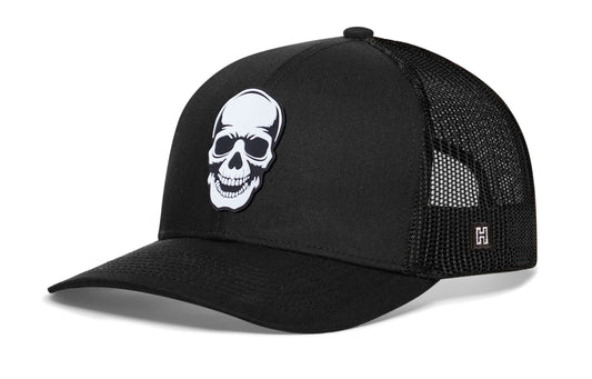 Haka Skull Trucker Hat, Black snapback for fans of scares. Spooky season.