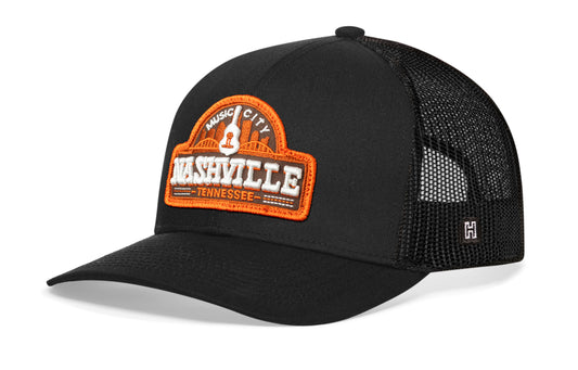 Nashville "Music City" Trucker Hat  |  Black Cityscape Snapback