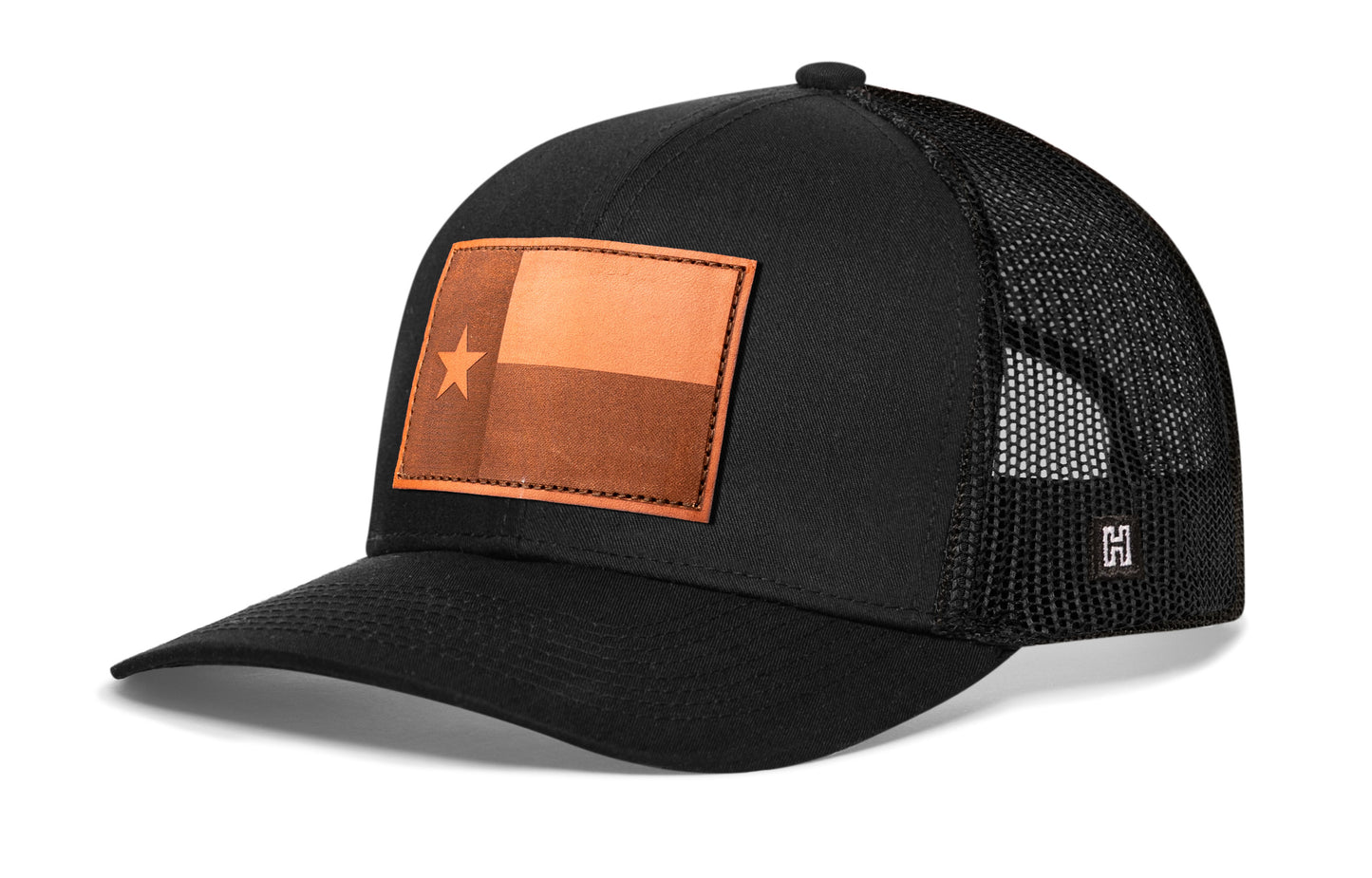 Texas Flag Trucker Hat Leather  |  Black TX Snapback