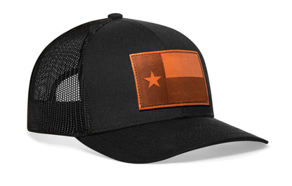 Texas Flag Trucker Hat Leather  |  Black TX Snapback