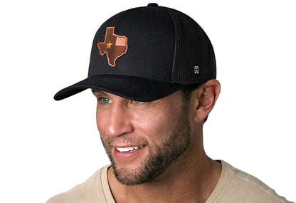 Texas Flag Trucker Hat Leather  |  Black TX Snapback