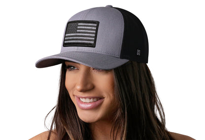 American Flag Trucker Hat  |  Gray Black USA Snapback
