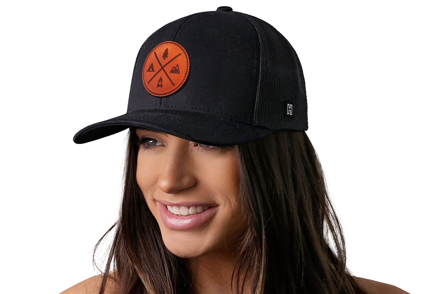 Outdoor X Trucker Hat Leather  |  Black Camping Snapback