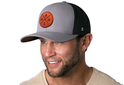 Outdoor X Trucker Hat Leather  |  Gray Black Camping Snapback