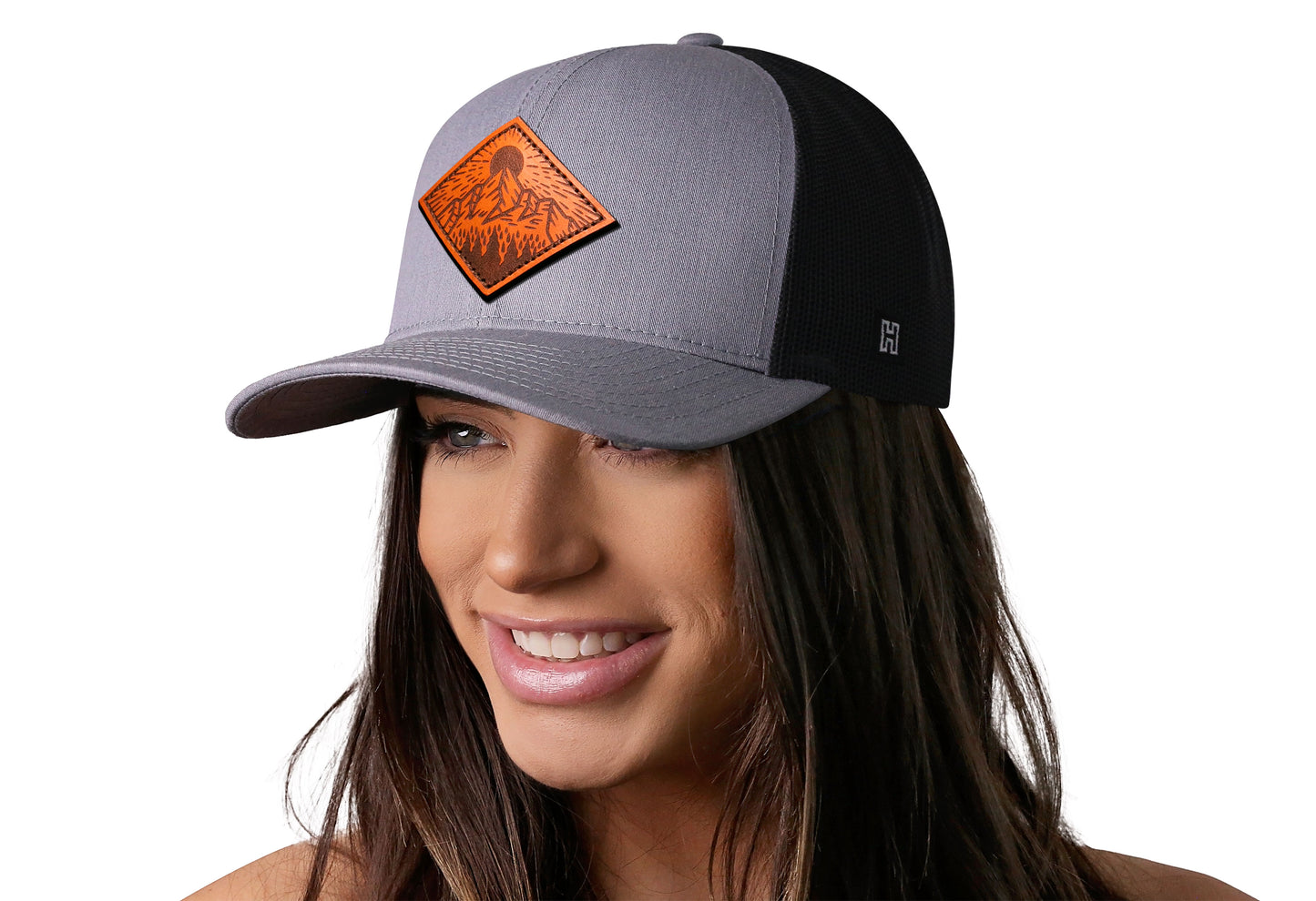 Mountains and Trees Trucker Hat Leather  |  Gray Black Outdoors Snapback