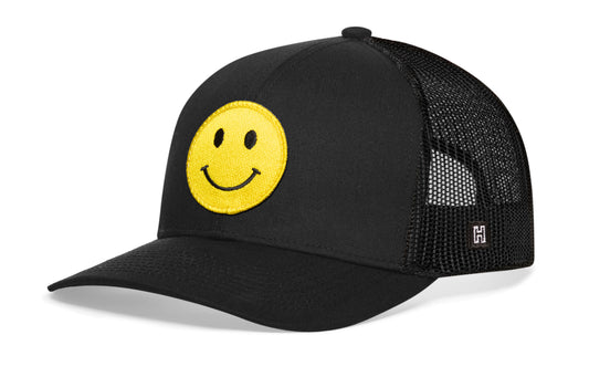 Smiley Face Trucker Hat  |  Black Emoji Snapback