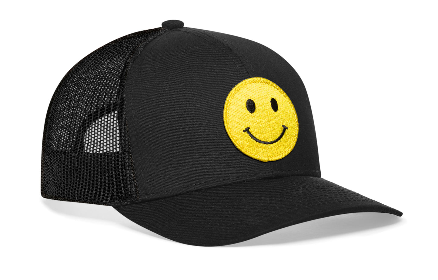 Smiley Face Trucker Hat  |  Black Emoji Snapback