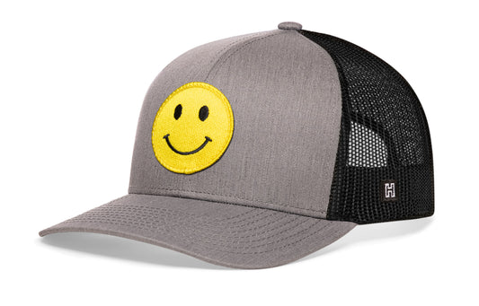 Smiley Face Trucker Hat  | Gray Black Emoji Snapback