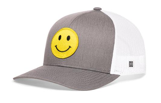 Smiley Face Trucker Hat  | Gray White Emoji Snapback