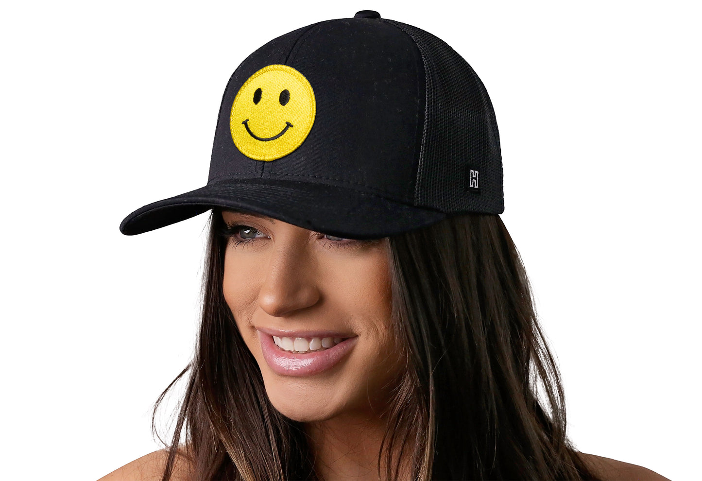 Smiley Face Trucker Hat  |  Black Emoji Snapback