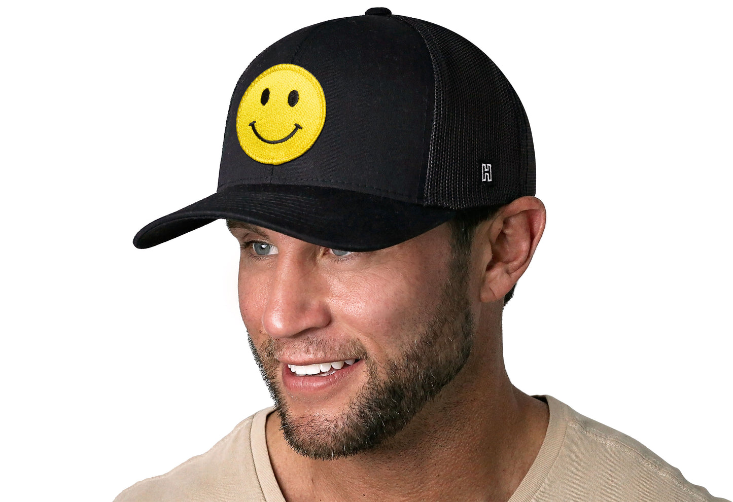 Smiley Face Trucker Hat  |  Black Emoji Snapback