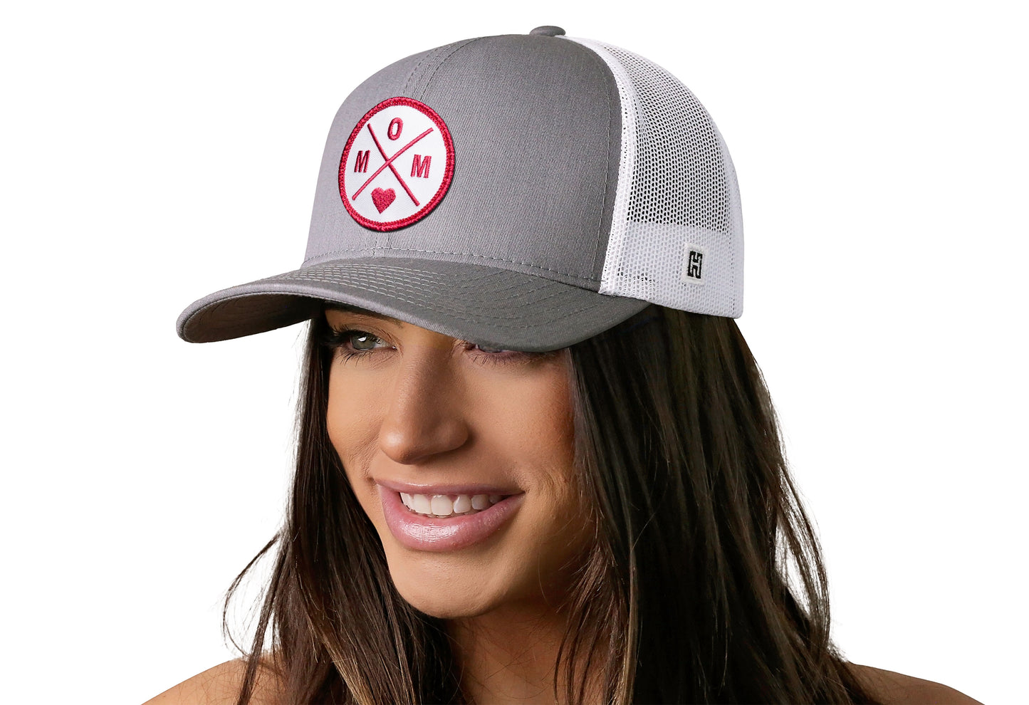 Mom Trucker Hat Pink  |  Gray White Snapback