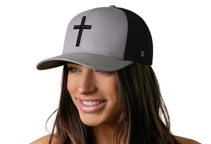 Cross Trucker Hat  |  Gray Black Christian 3D Puff Snapback