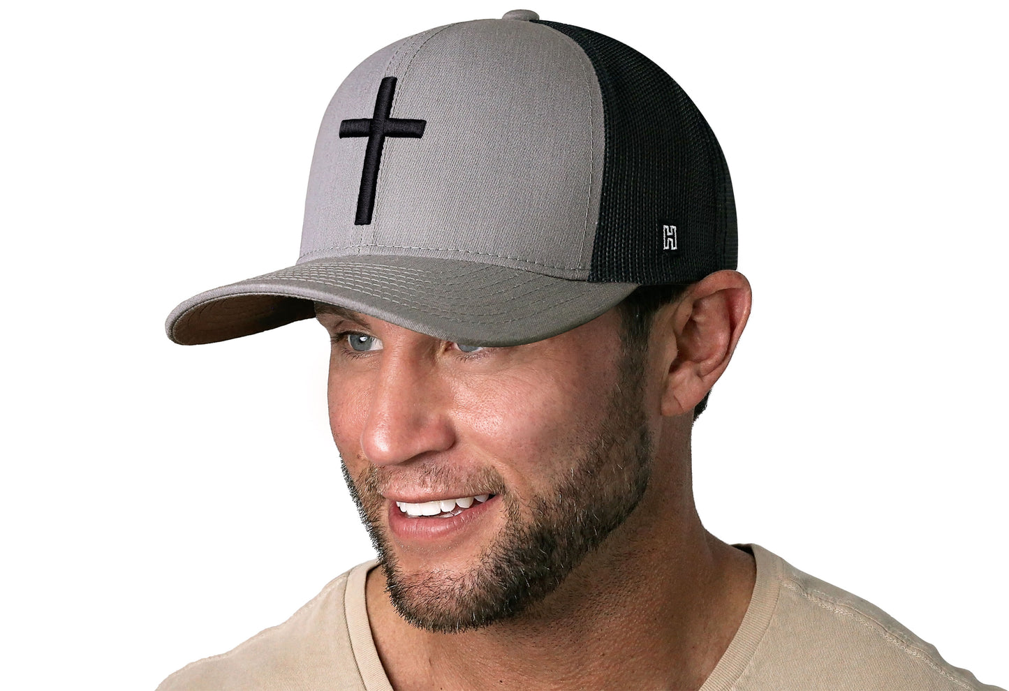 Cross Trucker Hat  |  Gray Black Christian 3D Puff Snapback