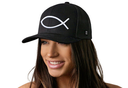 Jesus Fish Trucker Hat  |  Black Ichthys 3D Puff Snapback