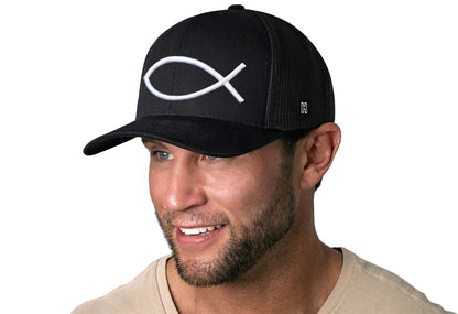 Jesus Fish Trucker Hat  |  Black Ichthys 3D Puff Snapback