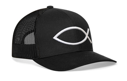 Jesus Fish Trucker Hat  |  Black Ichthys 3D Puff Snapback